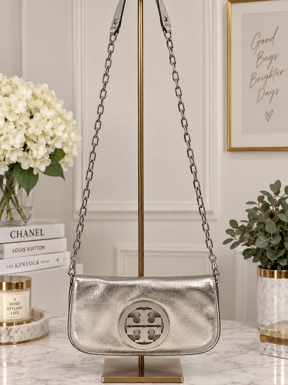 Tory Burch Reva Metallic Silver Leather Clutch Crossbody Bag